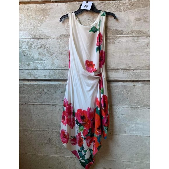 22. Eva Franco White and Red Floral Asymmetrical Mini Sleeveless Dress